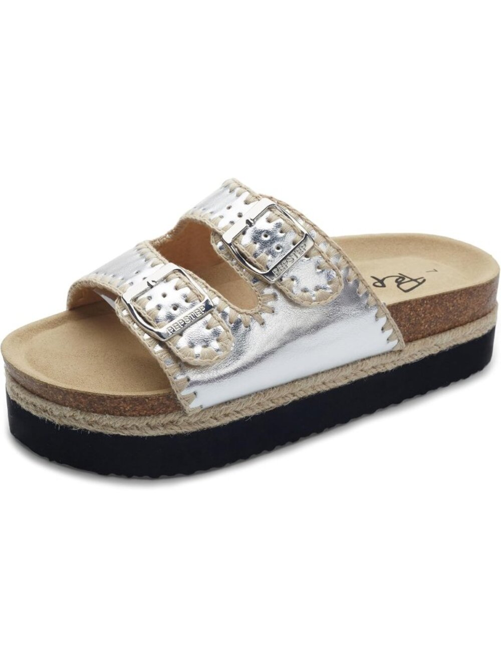 Women's Silver Soft Cork Foot bed and Strap Ladies Fashion Platform Slide